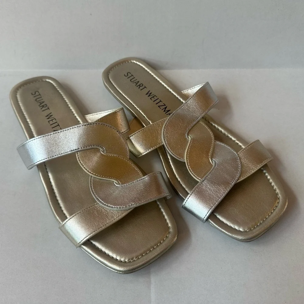 Stuart Weitzman “Ibiza” Silver/Gold Open Square Toe Slide Sandals Size 11 EUC!
